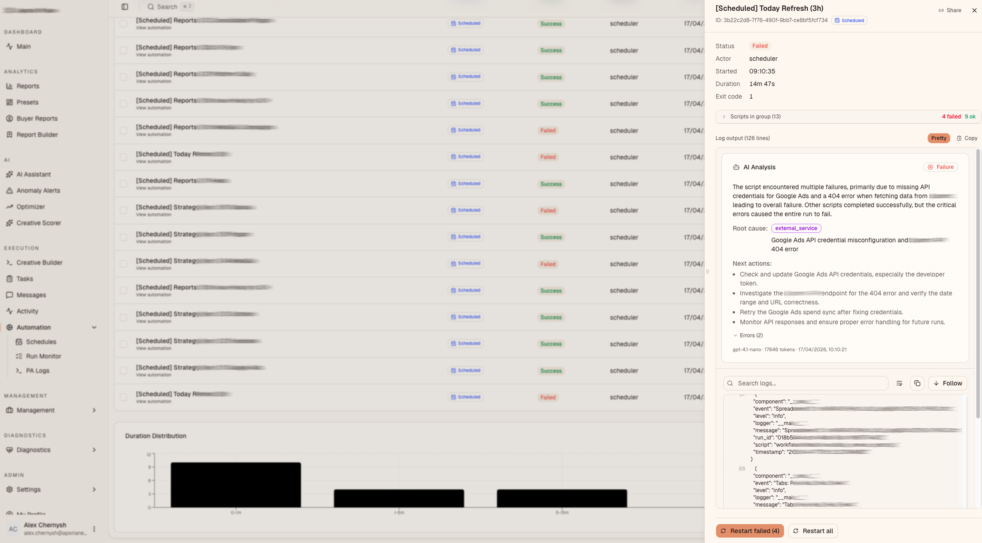Job monitoring with AI failure analysis